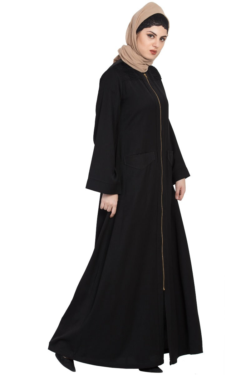 Front Open Abaya With Big Pockets And Zipper Opening-With Hijab