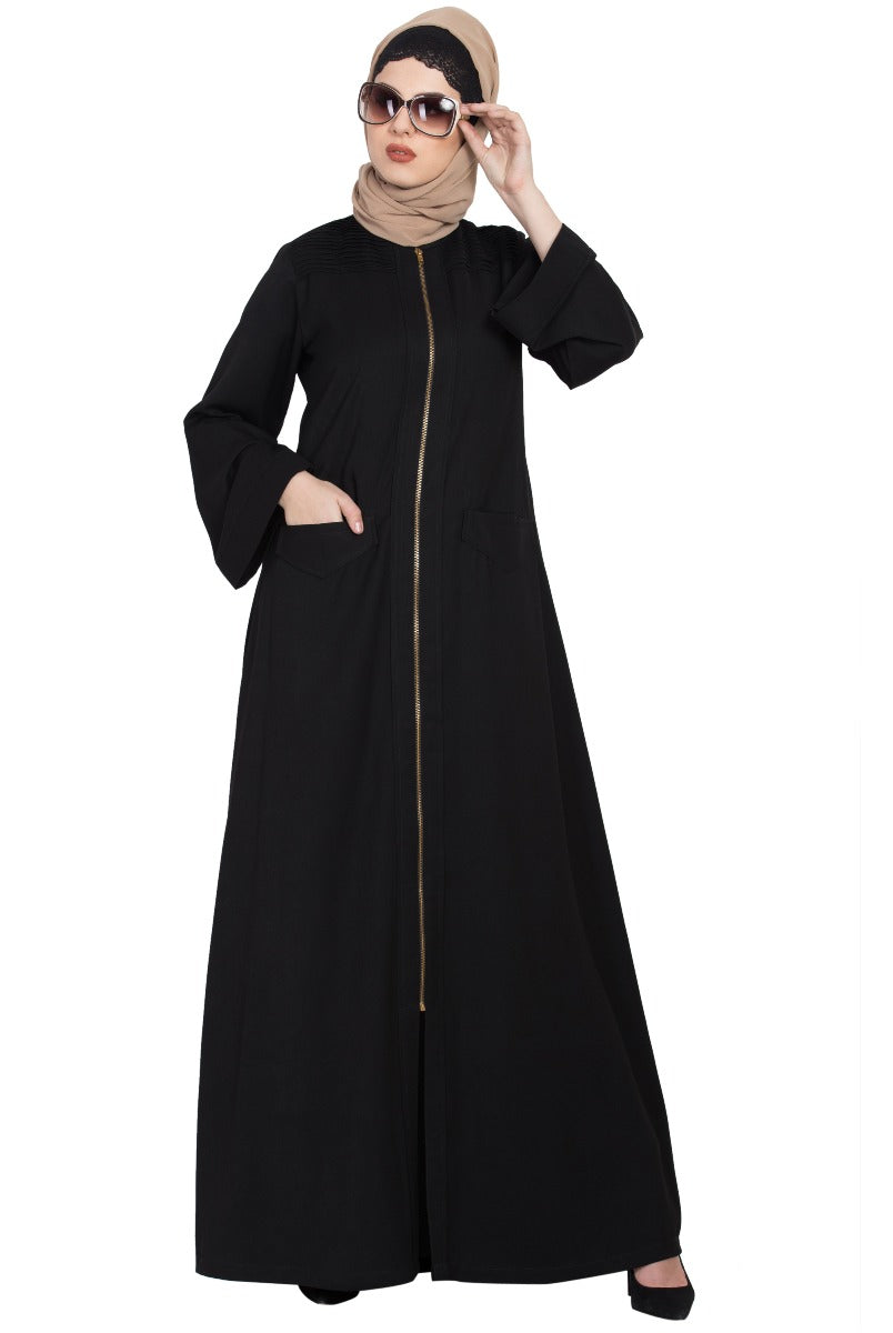 Front Open Abaya With Big Pockets And Zipper Opening-With Hijab