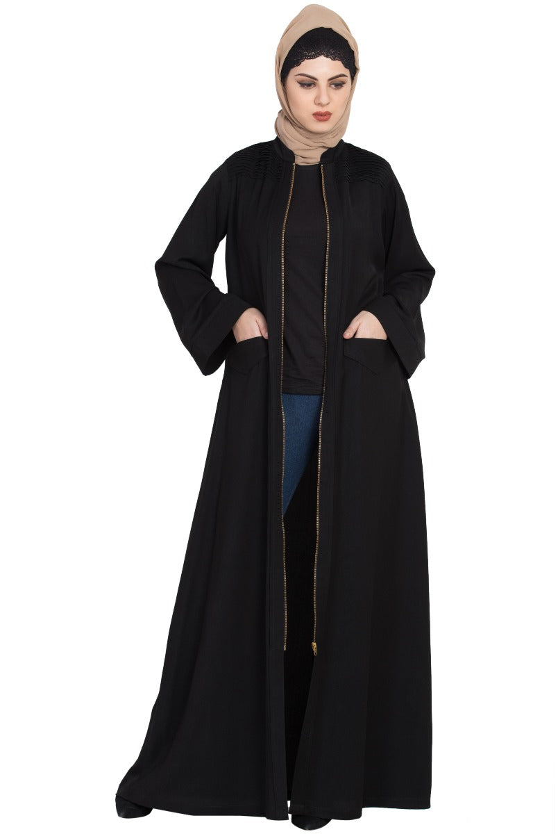 Front Open Abaya With Big Pockets And Zipper Opening-With Hijab