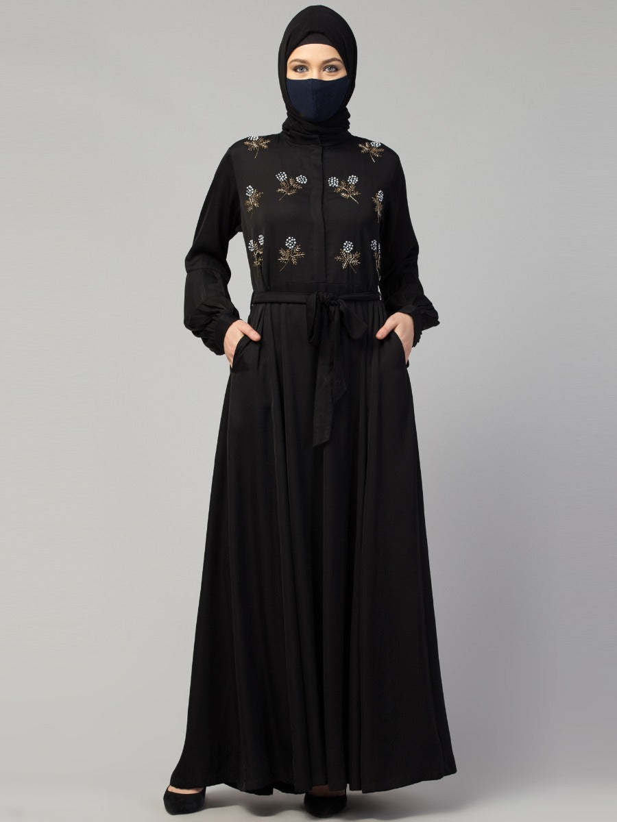 Modest Abaya Dress With Floral Handwork Embellishments