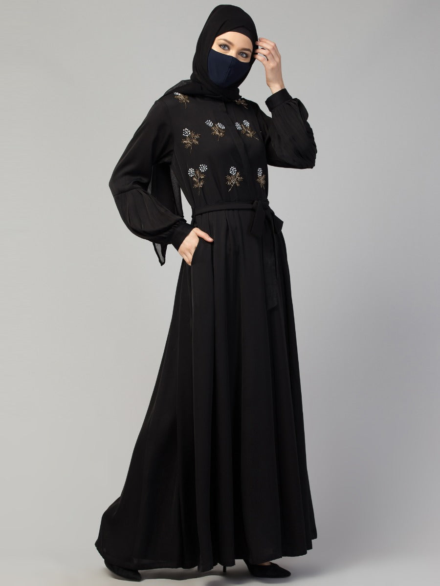 Modest Abaya Dress With Floral Handwork Embellishments