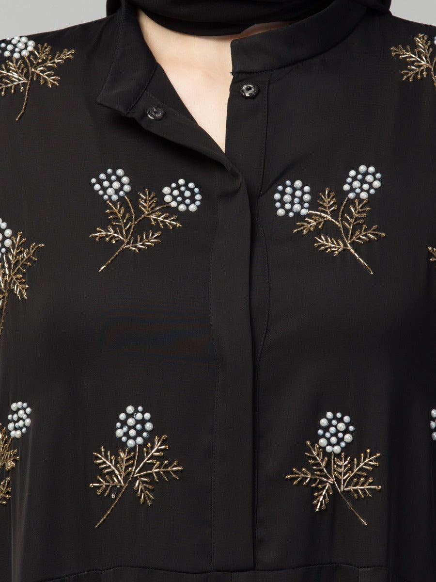 Modest Abaya Dress With Floral Handwork Embellishments