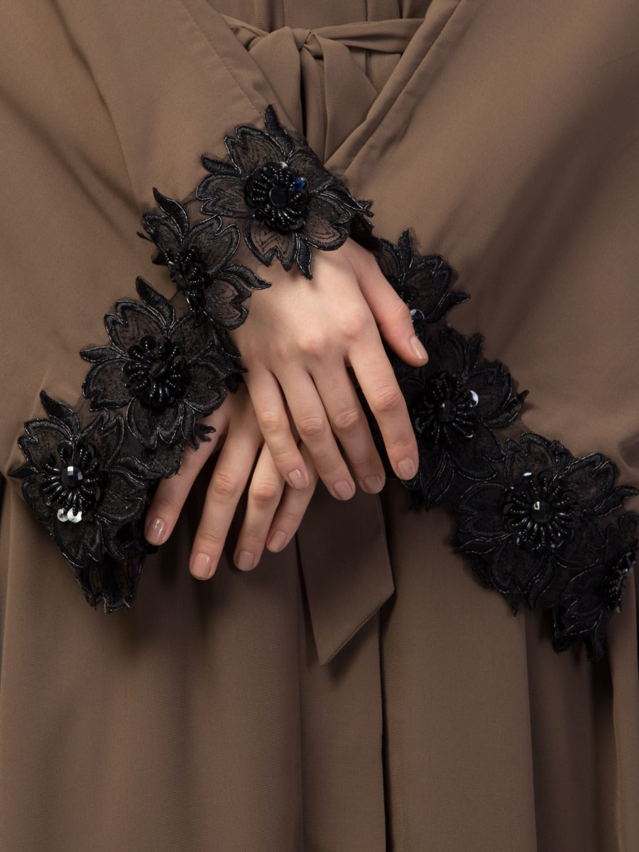Open Abaya With Embellished Lacework