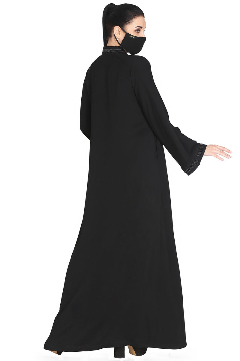 Mushkiya-Front Open Abaya Made In Korean Nida With Lacework.