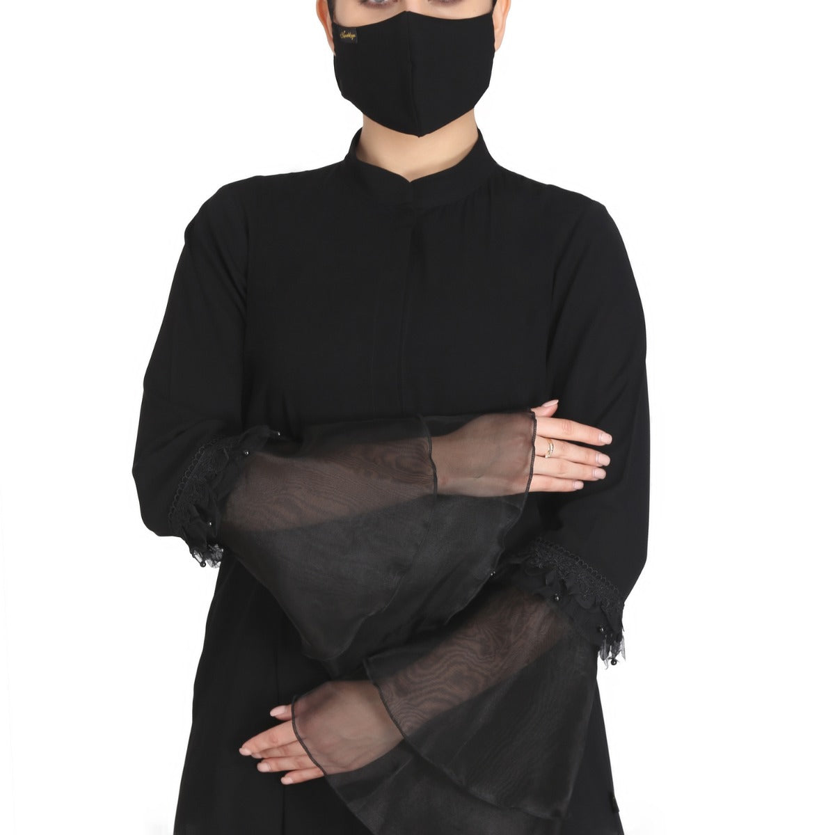Mushkiya-Black Abaya With Bell Sleeves In Organza.