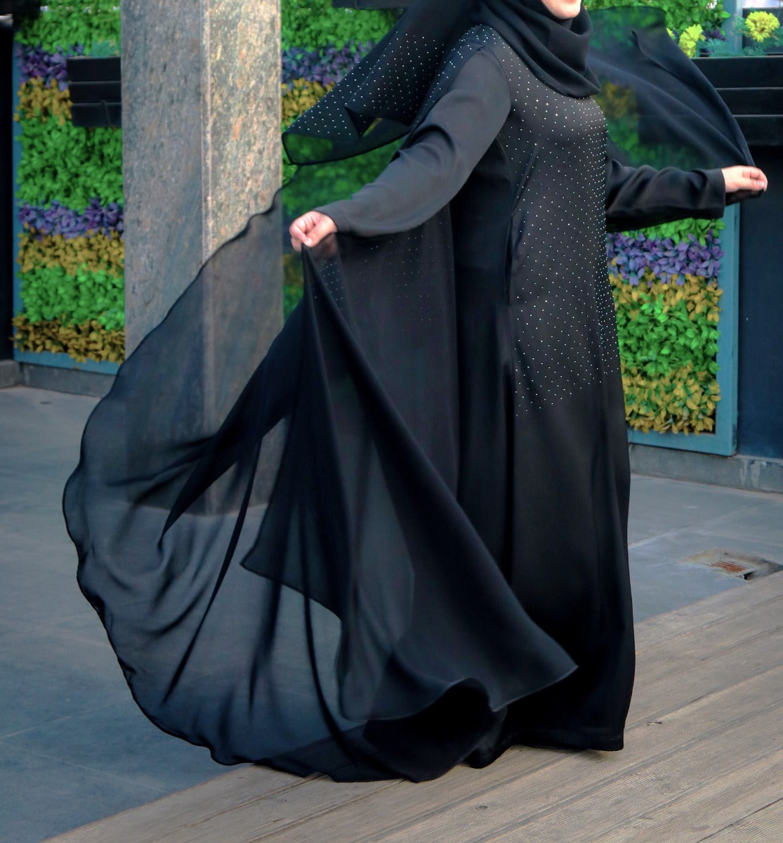 Black Dress With Attached Georgette Cape and Stonework.