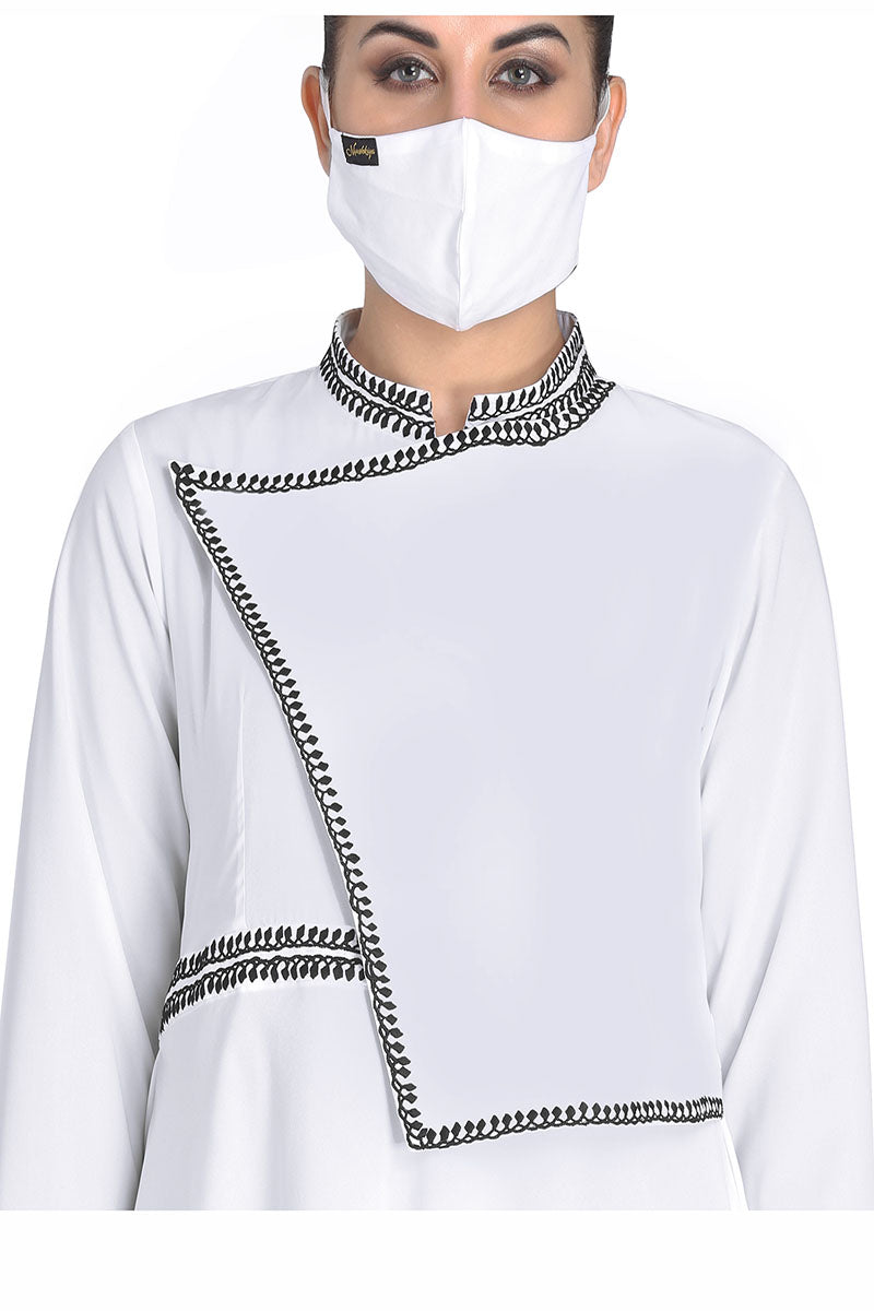 Mushkiya-Embroidered-Modest Dress In White Color With Black Embroidery.