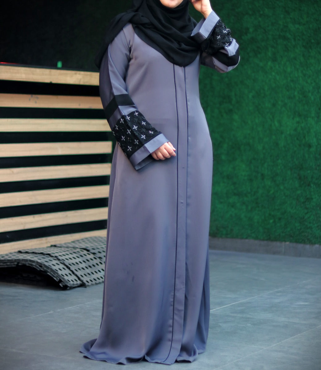 Front Open Abaya With Handwork Embellishments. It Comes With A Matching Hijab.