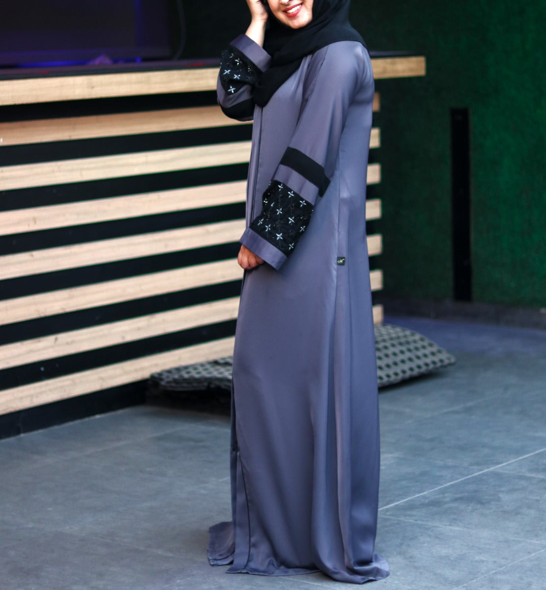 Front Open Abaya With Handwork Embellishments. It Comes With A Matching Hijab.