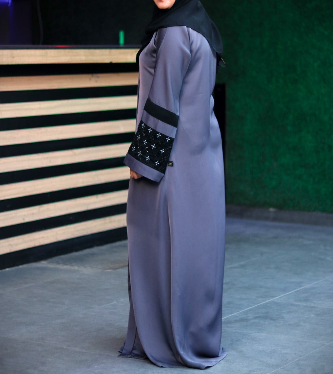 Front Open Abaya With Handwork Embellishments. It Comes With A Matching Hijab.
