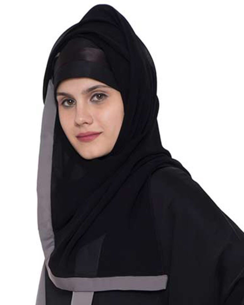 Black Georgette Hijab With Grey Color Border