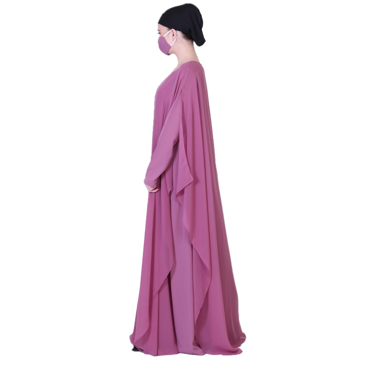 Pretty Pink Abaya Like Dress With Handwork Embellishments And A Matching Hijab.
