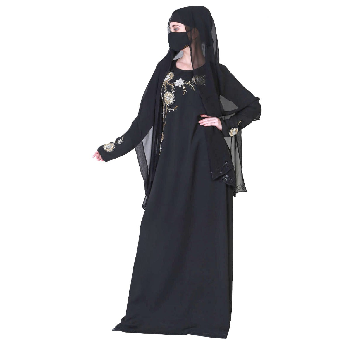 A Line Abaya Like Dress With Handwork On Bodice And Sleeves.