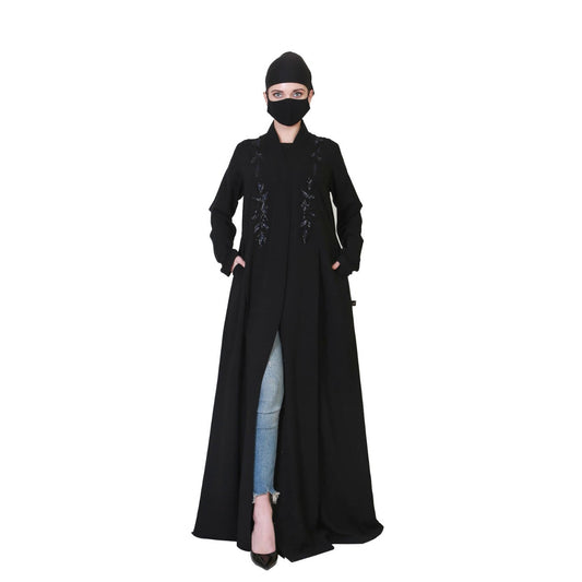 Elegant-Open Abaya With Handwork Embellishments and A Matching Hijab.