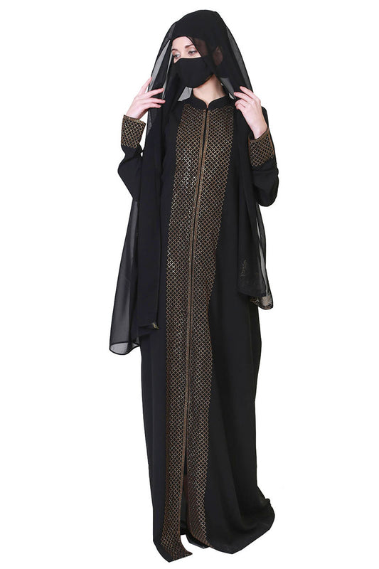 Front Open Abaya Like Dress With Stone Work On Bodice And Sleeves.
