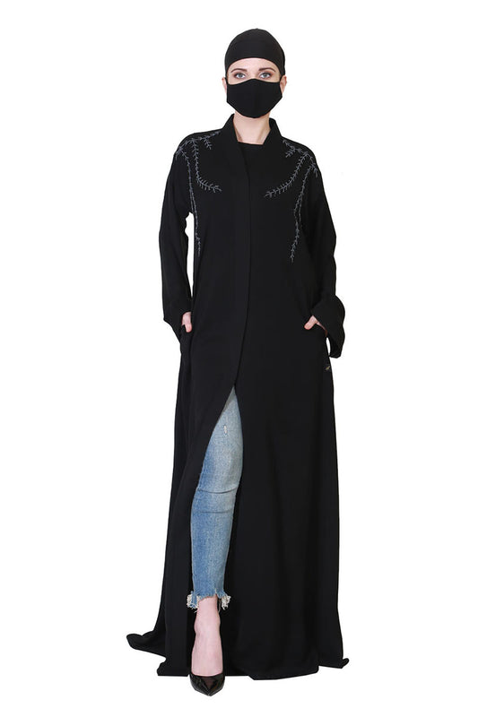 Front Open Abaya With Handwork Embellishments And A Matching Hijab.