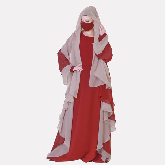 Three Pieces Set Of An Inner Abaya, A Dual Layered Shrug And A Matching Hijab