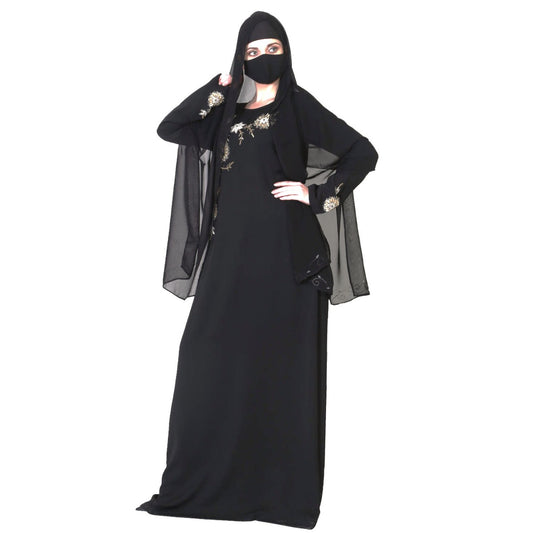 A Line Abaya Like Dress With Handwork On Bodice And Sleeves.
