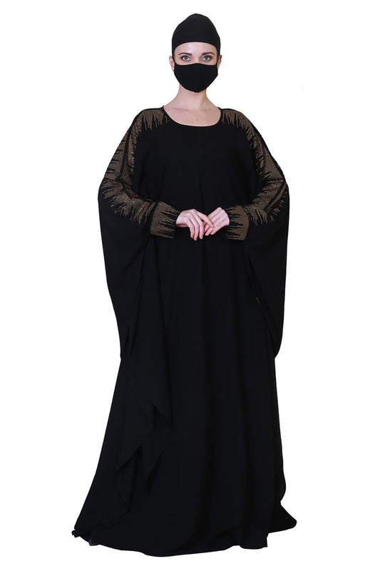 Beautiful Black Kaftan Abaya With Golden Stonework And A Matching Hijab.
