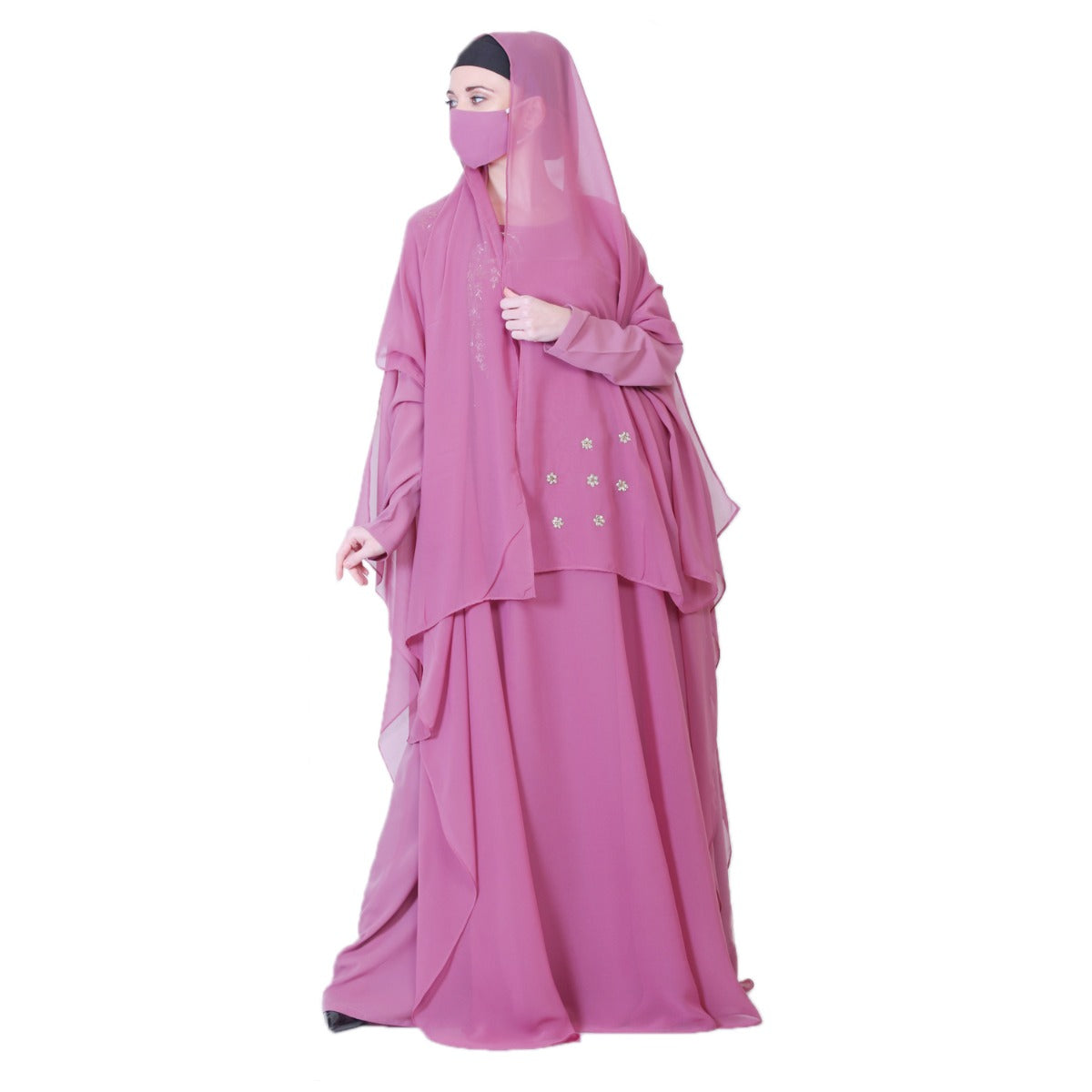 Pretty Pink Abaya Like Dress With Handwork Embellishments And A Matching Hijab.