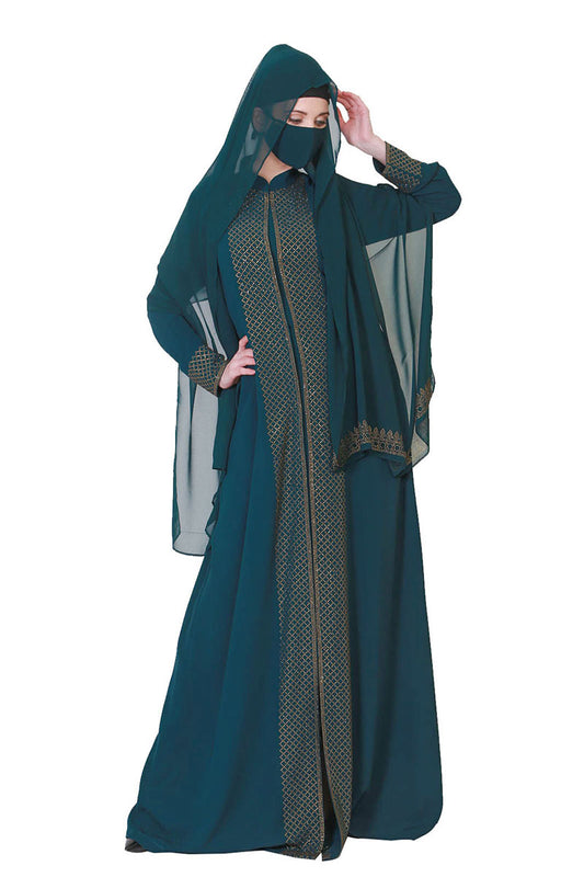 Front Open Abaya Like Dress With Stone Work On Bodice And Sleeves.