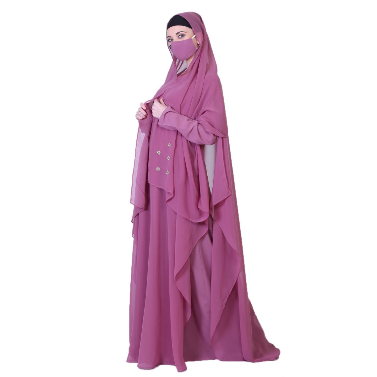 Pretty Pink Abaya Like Dress With Handwork Embellishments And A Matching Hijab.