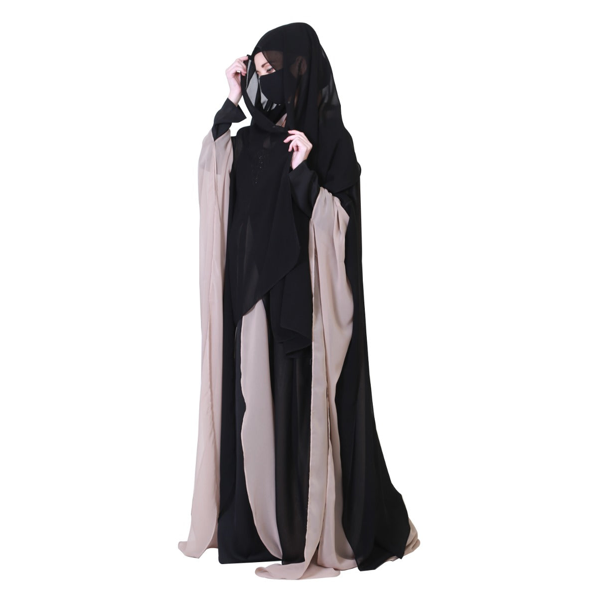 Three Pieces Set Of An Inner Abaya, A Dual Layered Cape Like Shrug And A Matching Hijab
