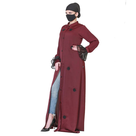 Front Open Abaya Like Dress With Handwork On Bodice And Organza Sleeves.