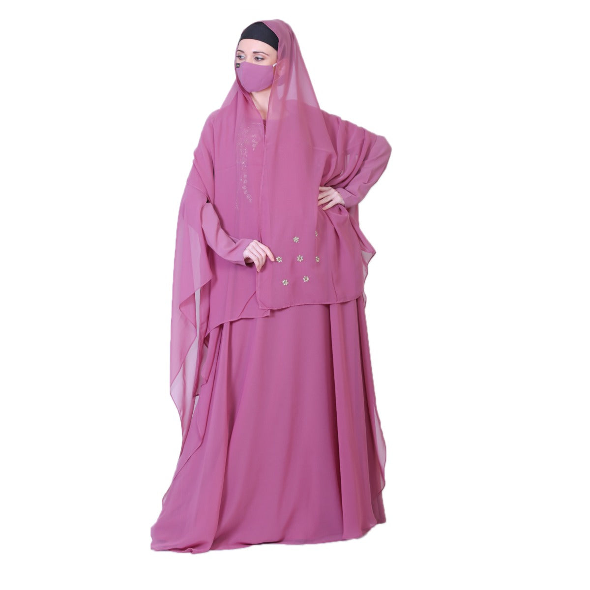 Pretty Pink Abaya Like Dress With Handwork Embellishments And A Matching Hijab.