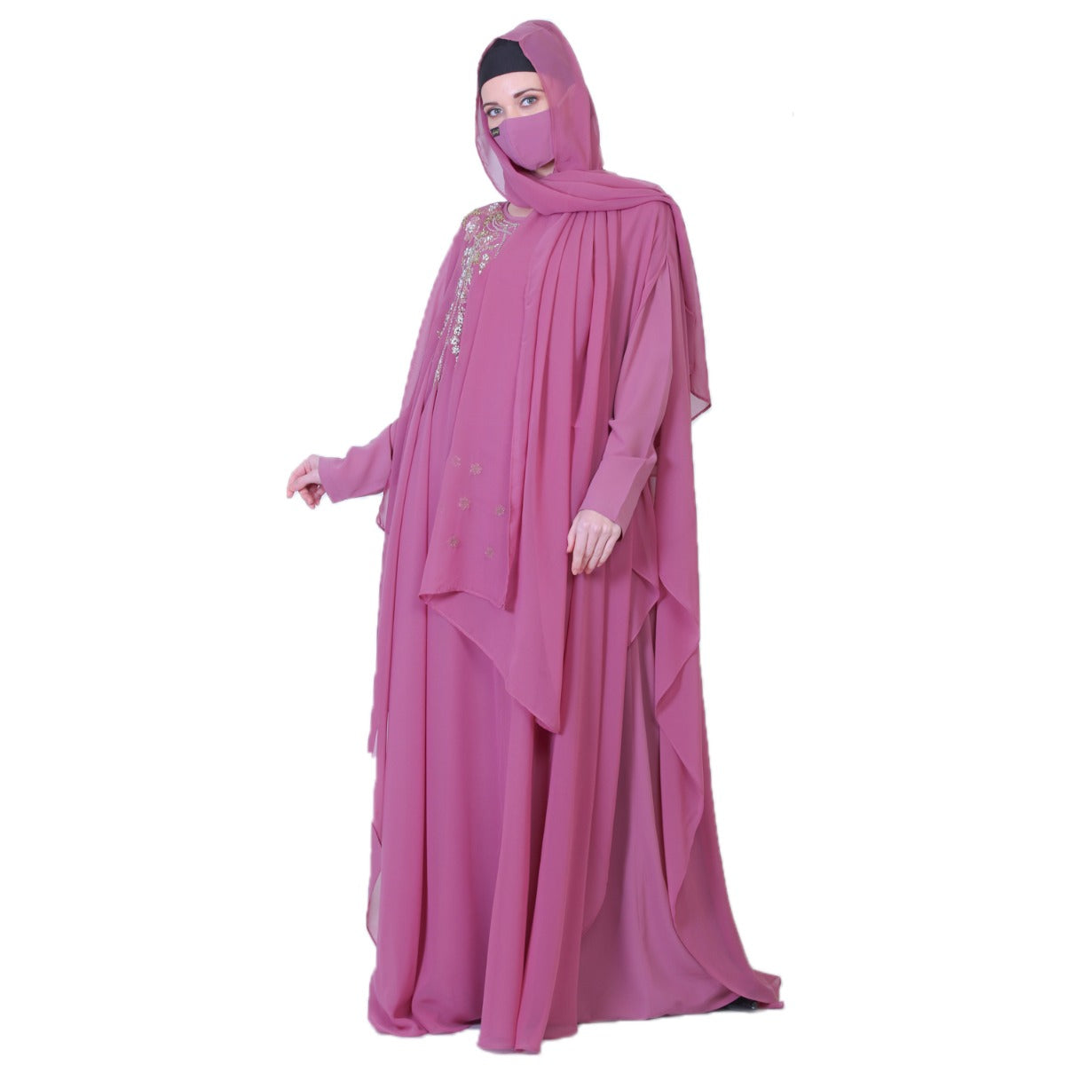 Pretty Pink Abaya Like Dress With Handwork Embellishments And A Matching Hijab.
