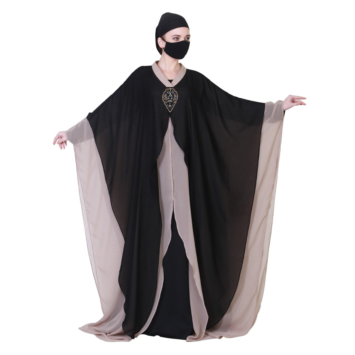 Three Pieces Set Of An Inner Abaya, A Dual Layered Cape Like Shrug And A Matching Hijab