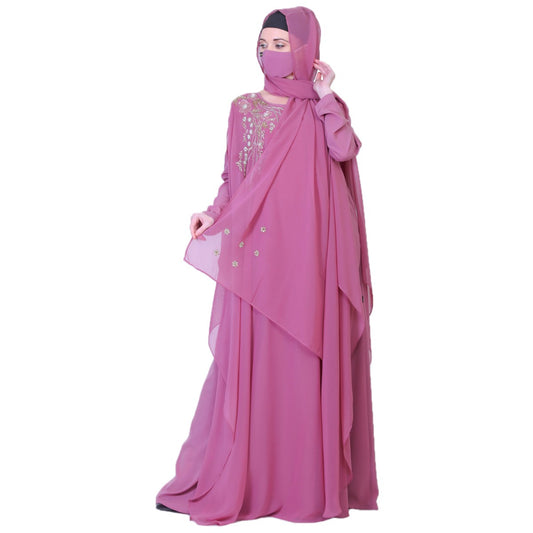Pretty Pink Abaya Like Dress With Handwork Embellishments And A Matching Hijab.