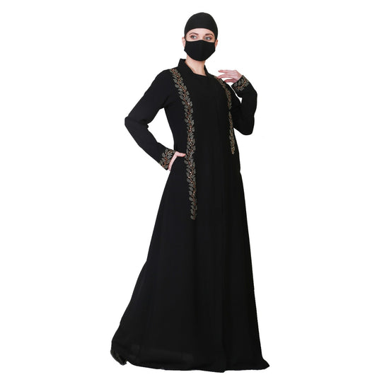 Elegant-Open Abaya With Stonework and A Matching Hijab.
