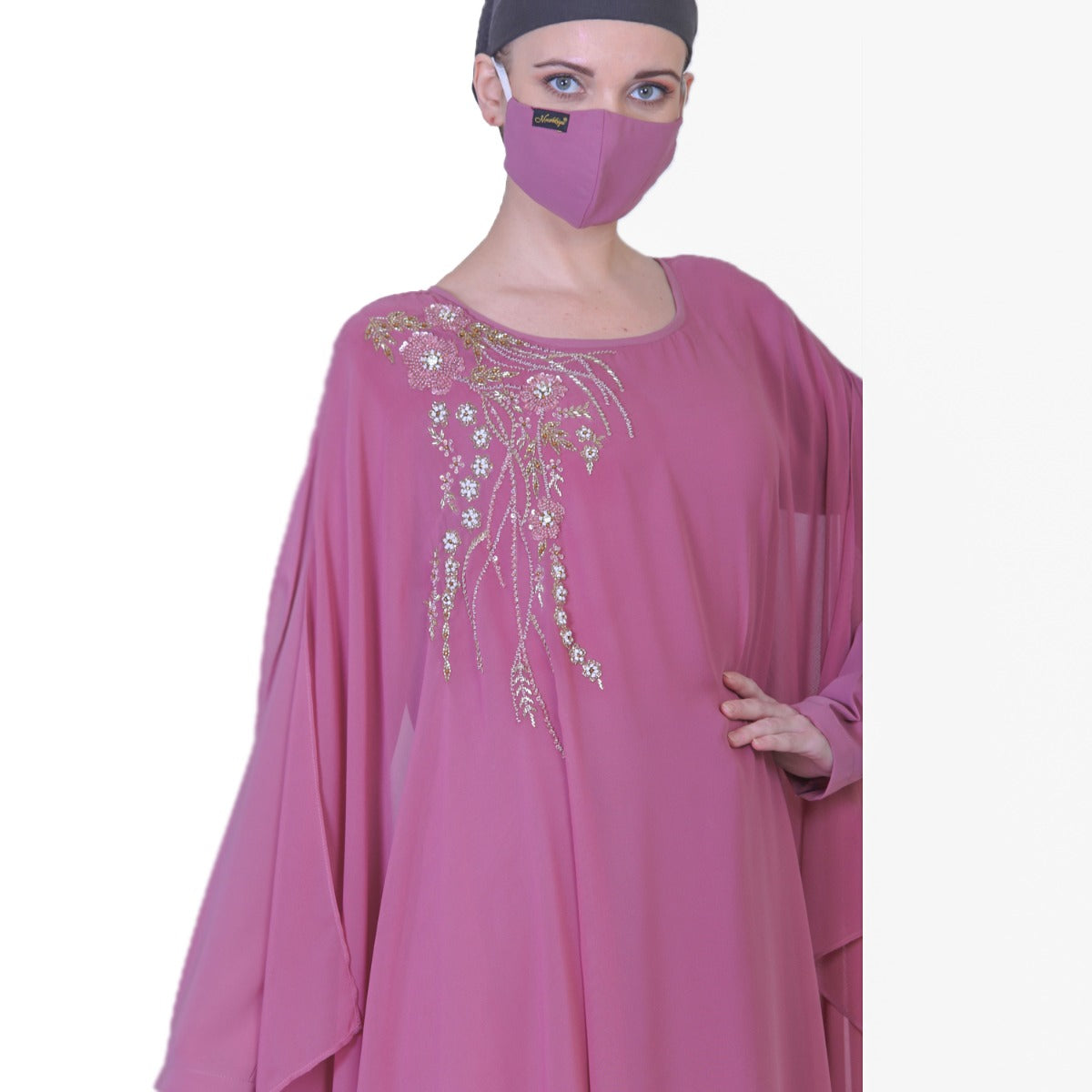 Pretty Pink Abaya Like Dress With Handwork Embellishments And A Matching Hijab.