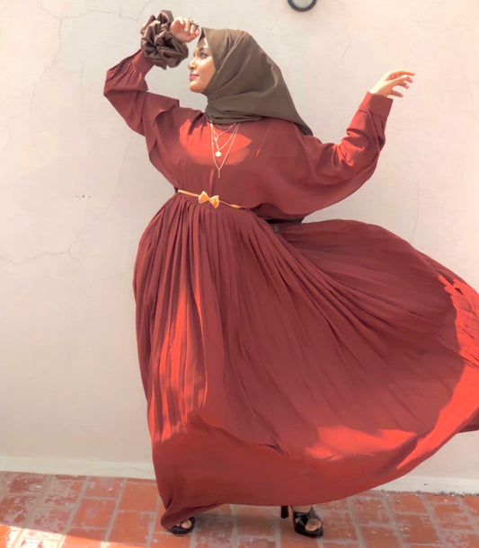 Elegant Dress With Metallic Belt And A Matching Hijab.