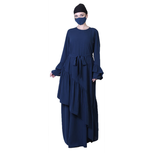 Pretty Dress With Frills, Bell Sleeves, Belt And A Stole Hijab