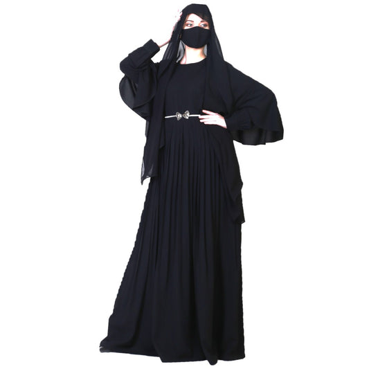 Elegant Dress With Metallic Belt And A Matching Hijab.