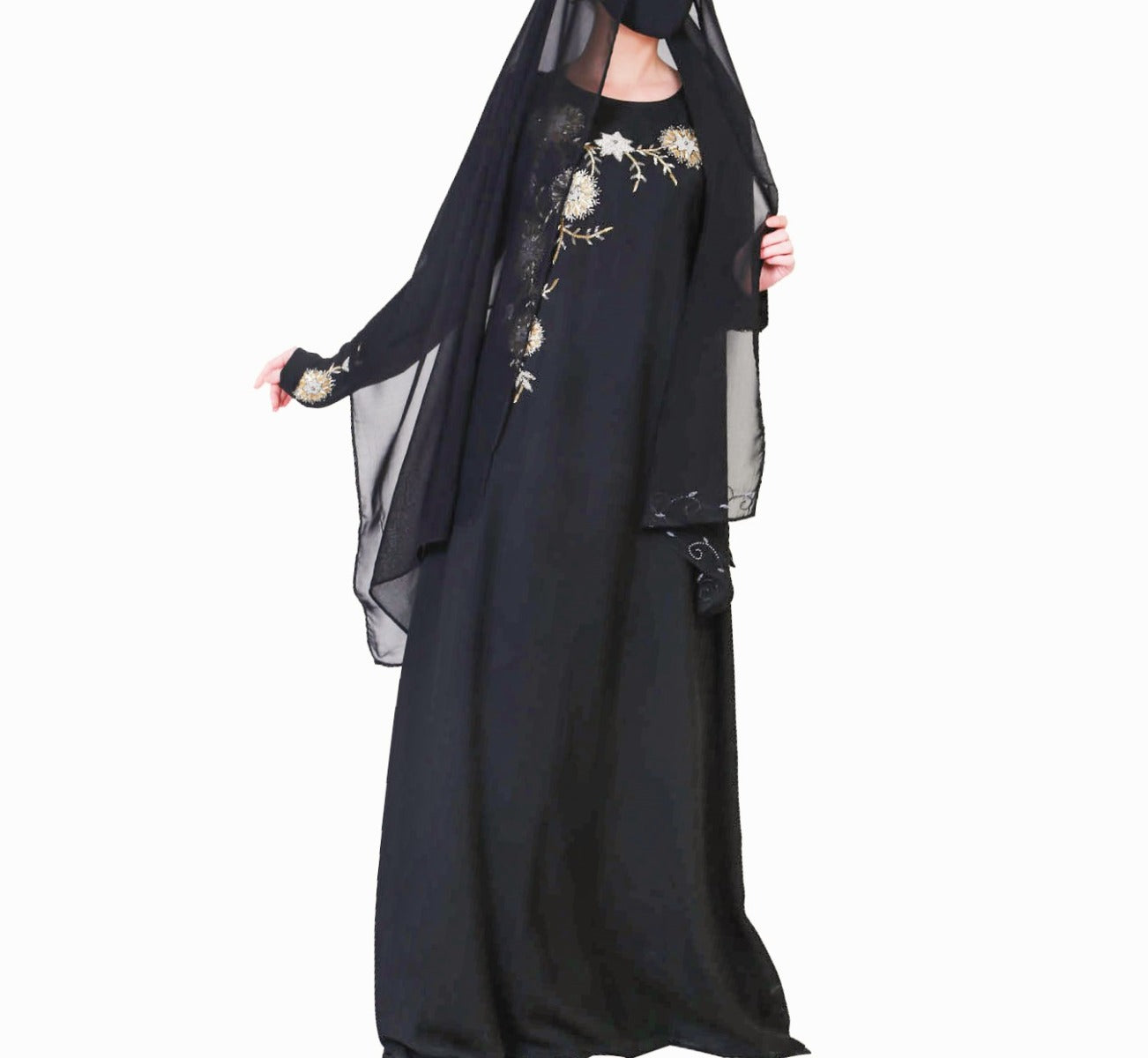 A Line Abaya Like Dress With Handwork On Bodice And Sleeves.