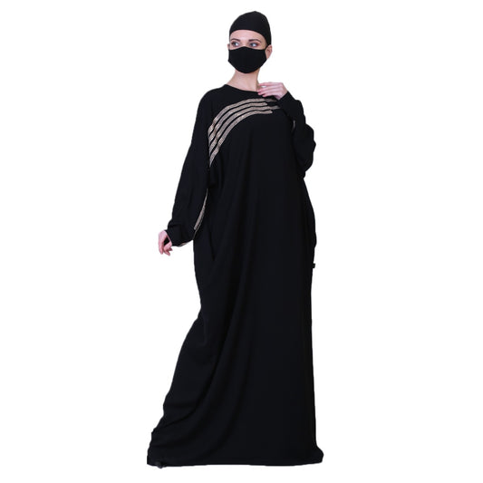 Beautiful Black Kaftan Abaya With Handwork Embellishments And A Matching Hijab.