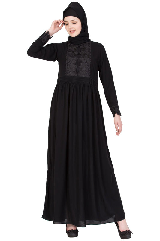 Designer Abaya with Lacework and Flare-Black