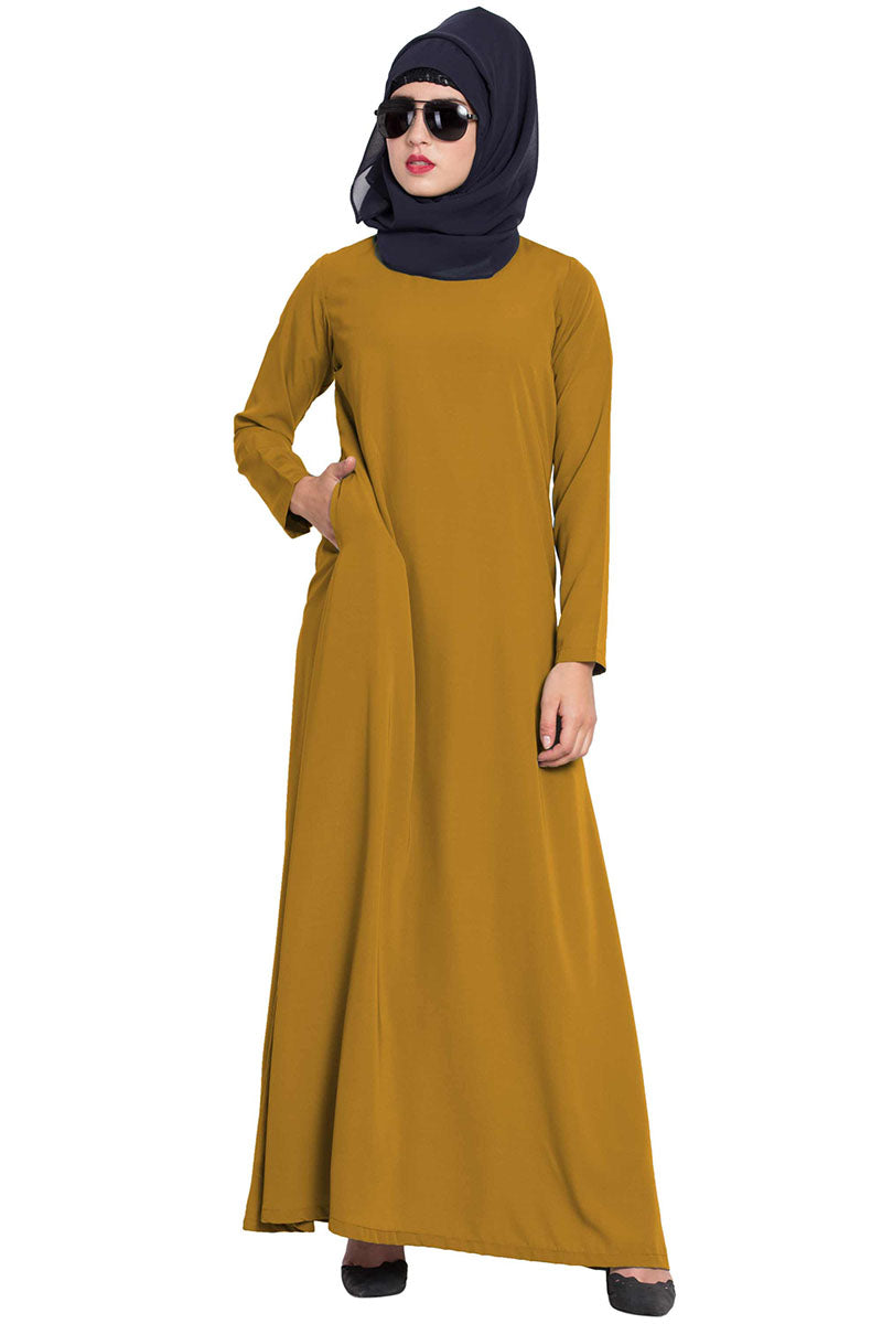 A Line Abaya | Simple Abaya with Side Pockets-Golden Brown