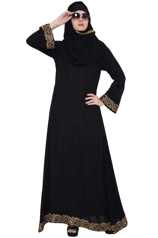Black Abaya With Golden Embroidered Lace