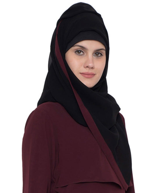 Black Georgette Hijab With Wine Color Border