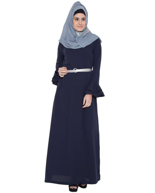 Dress Abaya with Bell Sleeves and Complementing Belt-Navy Blue