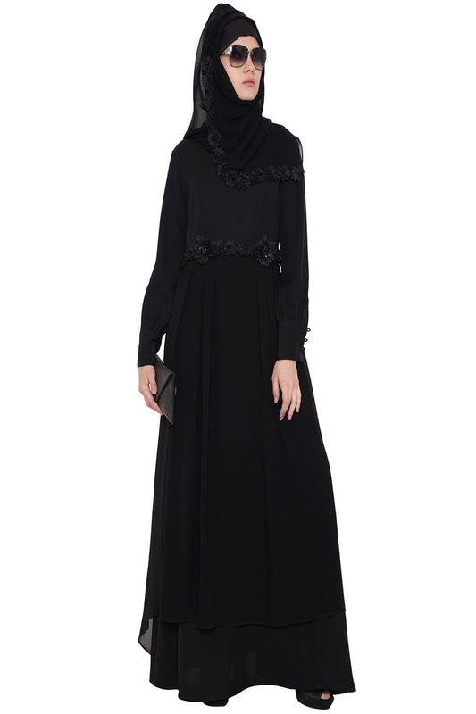 Designer Burqa With Black Flower Lace