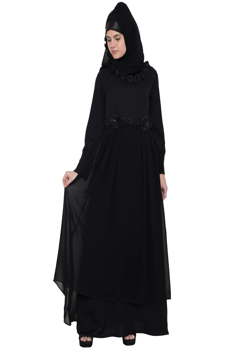 Designer Burqa With Black Flower Lace