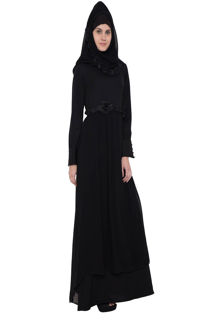 Designer Burqa With Black Flower Lace