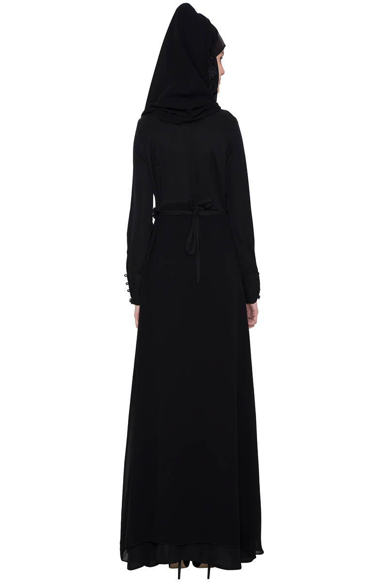 Designer Burqa With Black Flower Lace