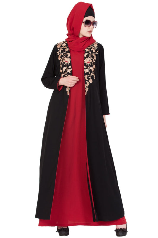Stylish Abaya with Embroidery | Two Pc Set- Red & Black