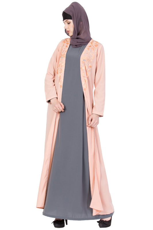 Stylish Abaya with Embroidery | Two Pc Set- Pink & Gray
